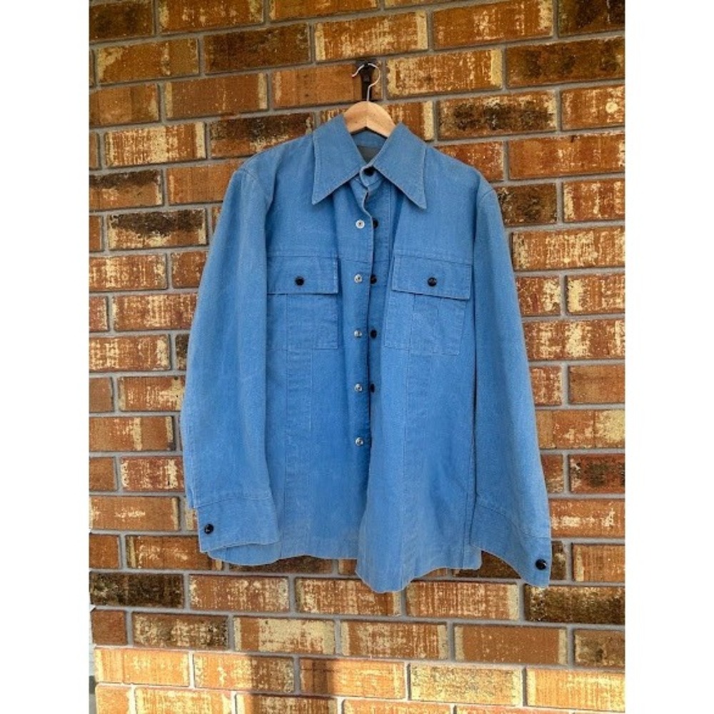 Vintage Blue Denim 2 Piece Set Shirt Jacket and Wide Leg Pants Mens Medium - Picture 2 of 7
